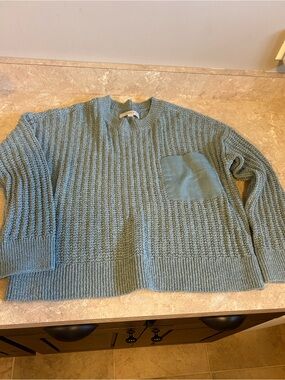 LOFT Women's Crewneck Sweater with Chest Pocket - Blue Green Large